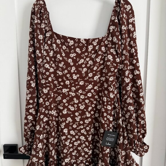 Brown Floral Print Long Sleeve Mini Dress - Picture 2 of 4